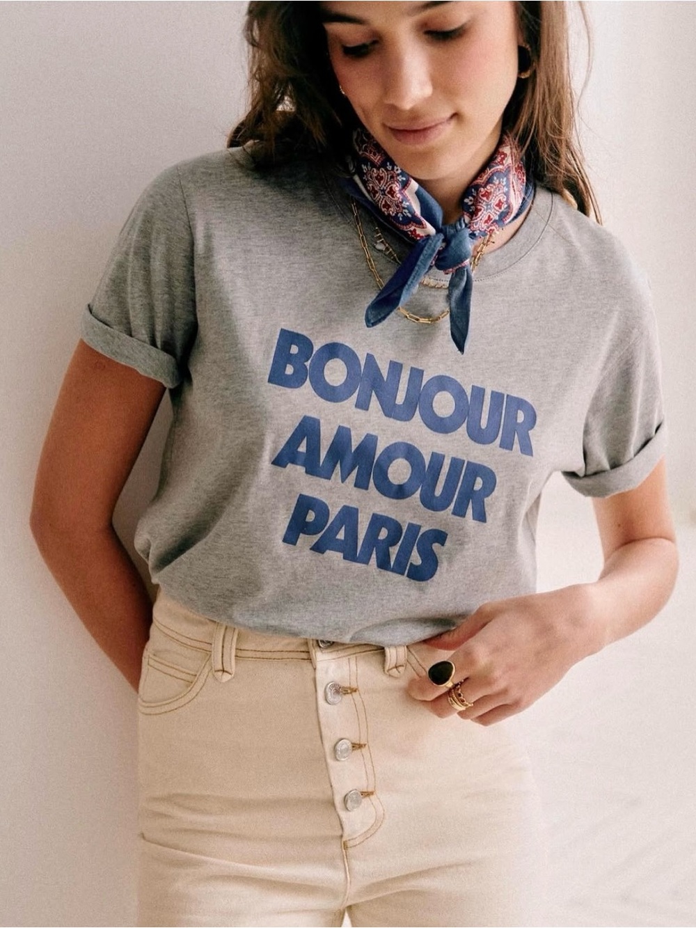 Sezane Bonjour Amour Paris Graphic Tee - Grey/Blue